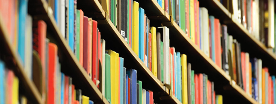 Angled view of books on a bookshelf